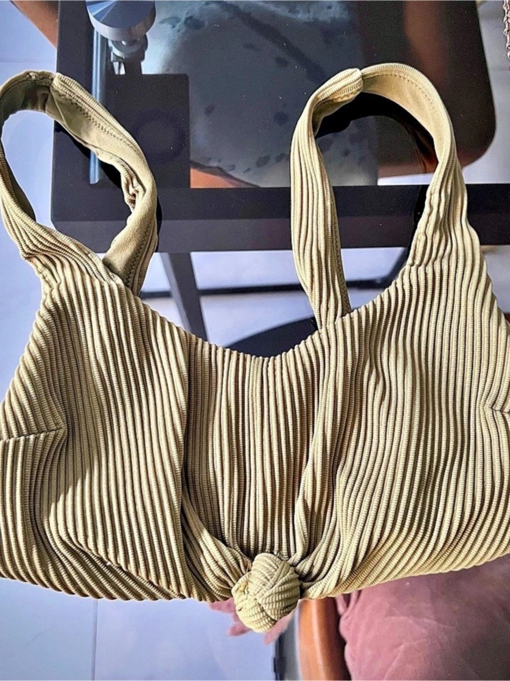 Hollister Ribbed Front Knot Bikini Top Green XS